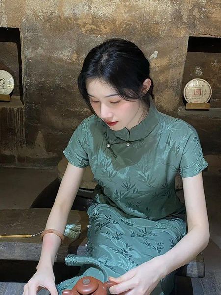 Vêtements ethniques Cheongsam Robe Femmes modernes Bamboo Print Qipao Long Élégant Style chinois Sweet Green Femme