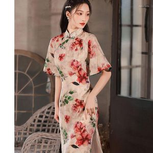 Etnische kleding Cheongsam jurk dames slanke 2023 zomer katoenen blend prints splitsen korte mouw Chinese stijl retro qipao -jurken