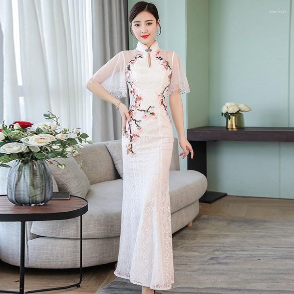 Vêtements ethniques Cheongsam longues robes Qipao robe de mariée traditionnelle chinoise col Mandarin Maxi Vestidos Slim élégant 30811