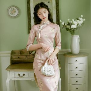 Ropa étnica Cheongsam Qipao vestido chino terciopelo tradicional medio largo niñas Retro nacional bordado moderno mujeres rosa