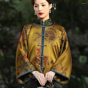 Vêtements ethniques Cheongsam femmes grande taille hauts 2023 soie Satin imprime épissage col montant Style chinois Tang Costume Qipao chemises