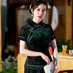 Vêtements ethniques Cheongsam femmes grande taille hauts 2023 été coton mélangé épissage col montant à manches courtes Style chinois Qipao chemises