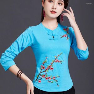 Ropa étnica Cheongsam Tops de talla grande para mujer 2023 otoño mezcla de algodón estampados empalme manga larga cuello alto estilo chino Qipao