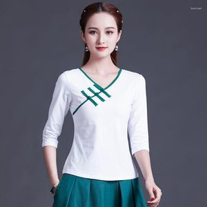 Vêtements ethniques Cheongsam femmes grande taille hauts courts 2022 été coton mélangé bouton épissage Slim Fit chinois Qipao chemises femme