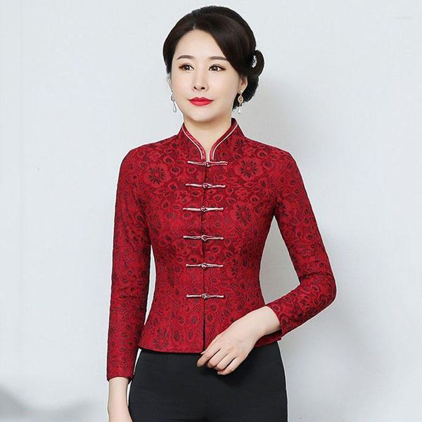 Ropa étnica Cheongsam, Tops de talla grande para mujer, tela Jacquard de encaje de verano 2023, traje Tang rojo de estilo chino tradicional Qipao