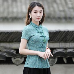 Vêtements ethniques Cheongsam femmes col montant Hanfu hauts 2022 été coton mélangé imprime à manches courtes Style chinois Tang Costume chemises
