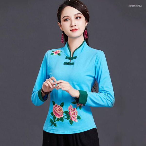 Vêtements ethniques Cheongsam femmes col montant Hanfu hauts 2023 printemps mélange de coton broderie à manches longues Style chinois Tang Costume