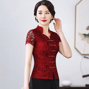 Etnische kleding Cheongsam vrouwen plus size tops 2023 kanten holle uit korte mouw traditionele Chinese stijl rode tang kostuum qipao shirts