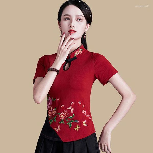 Ropa étnica Cheongsam mujeres de talla grande Tops 2023 tela de mezcla de algodón bordado empalme cuello alto manga corta estilo chino Qipao