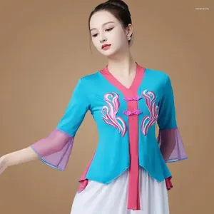 Vêtements ethniques Cheongsam Femmes Plus Taille Tops 2024 Printemps Coton Mélange Broderie Volants Épissage Style Chinois Danse Qipao Chemises Femme