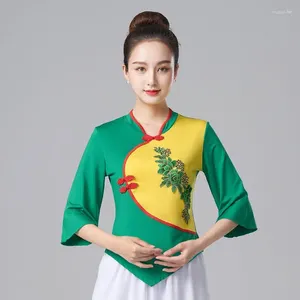 Vêtements ethniques Cheongsam Femmes Plus Taille Tops 2024 Printemps Mélange de coton Broderie Épissage Irrégulier Style Chinois Danse Qipao Chemises