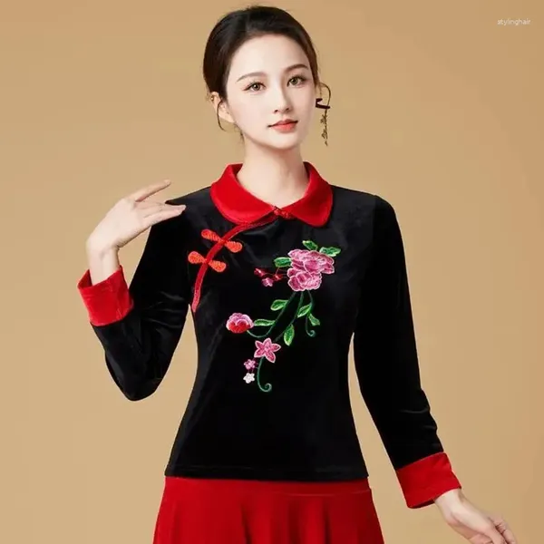 Ropa étnica cheongsam tops de talla grande para mujeres 2024 tela de terciopelo de primavera empalme de manga larga camisetas chinas chinas mujer mujer