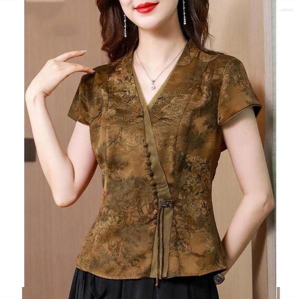 Ropa étnica Cheongsam Tops de talla grande para mujer 2023 Moda de verano Estampados de tela de seda Empalme Cuello en V Tradición Estilo chino Qipao Camisas