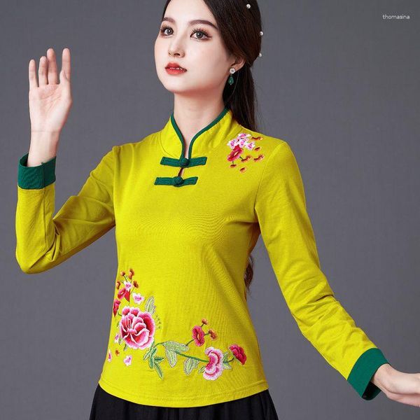 Ropa étnica Cheongsam, Tops de talla grande para mujer, primavera 2023, mezcla de algodón, bordado, cuello levantado, traje Tang de estilo chino, camisas Qipao