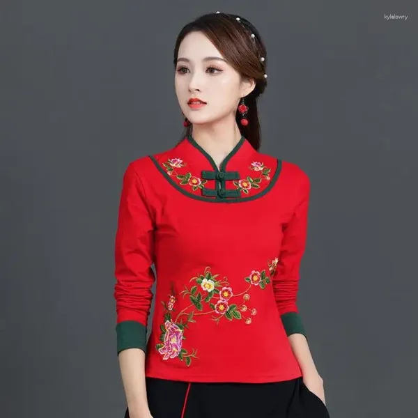 Vêtements ethniques Cheongsam Femmes Plus Taille Tops 2023 Automne Coton Mélange Broderie Épissage Collier Chinois Qipao Chemises Femme