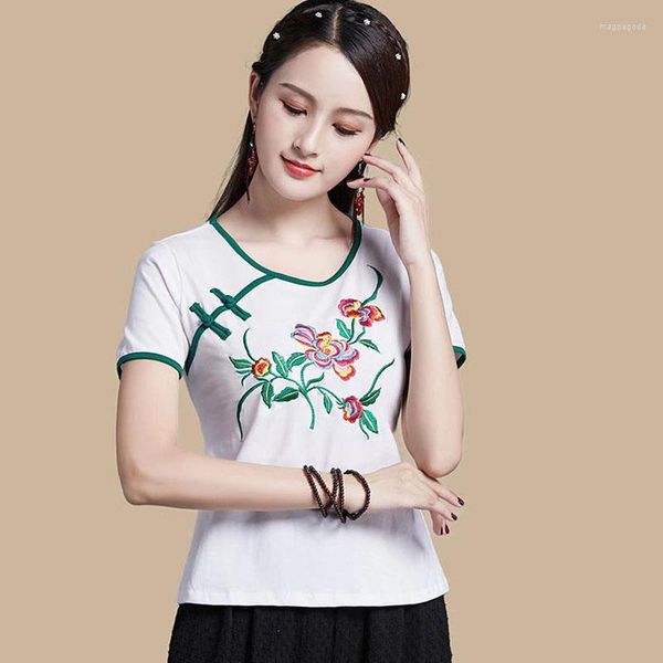 Ropa étnica Cheongsam Tops de talla grande para mujer 2023 tela de mezcla de algodón de moda bordado empalme manga corta estilo chino Qipao