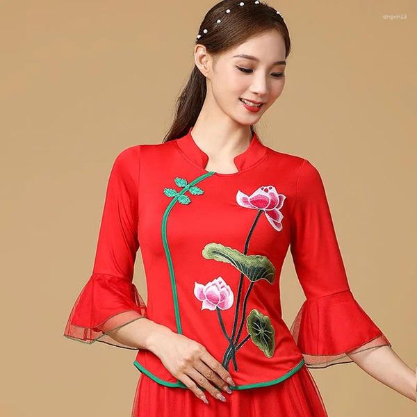 Ropa étnica Cheongsam Mujeres Tallas grandes Tops cortos 2023 Otoño Mezcla de algodón Malla Empalme Bordado Slim Estilo chino Qipao Camisas