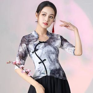Vêtements ethniques Cheongsam Femmes Plus Taille Tops 2024 Printemps Mode Mesh Mélange Impressions Épissage Irrégulier Collier Chinois Qipao Chemises