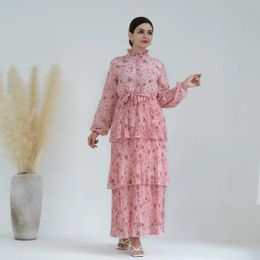 Vêtements ethniques Mousseline de soie Abaya Dubaï Robe longue Musulman Islamique Floral Imprimé Robes africaines pour femmes Tenue modeste Kaftan Robe Femme