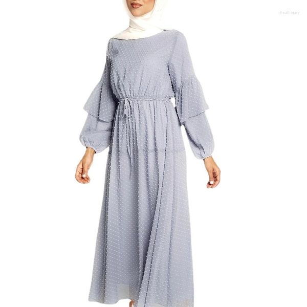 Ropa étnica gasa Maxi vestido Abaya mujeres pompón verano manga larga cielo azul espalda Zip forrado Hijab Islam árabe Turquía ropa