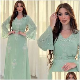 Vêtements ethniques Mousseline de soie Musulman Robes ceinturées Diamants Abaya pour femmes Élégante Robe de soirée Split Hem Robes Jilbab Maroc Dr Ot9Ik