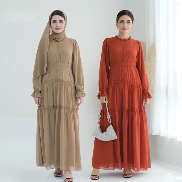 Vêtements ethniques en mousseline plissée Abaya Fashion musulmane Hijab Robe Summer Elegant Blouson Sleeves Party Long Robes for Women Dubai Kaftan