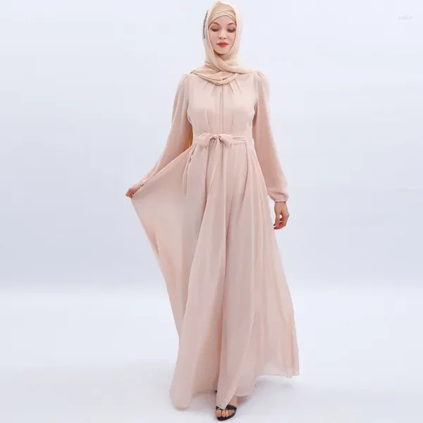 Vêtements ethniques Mousseline de soie Ramadan Robe musulmane Abaya Dubaï pour femmes Caftan Marocain Kaftan Islam Eid Mubarak Robe d'été à manches longues