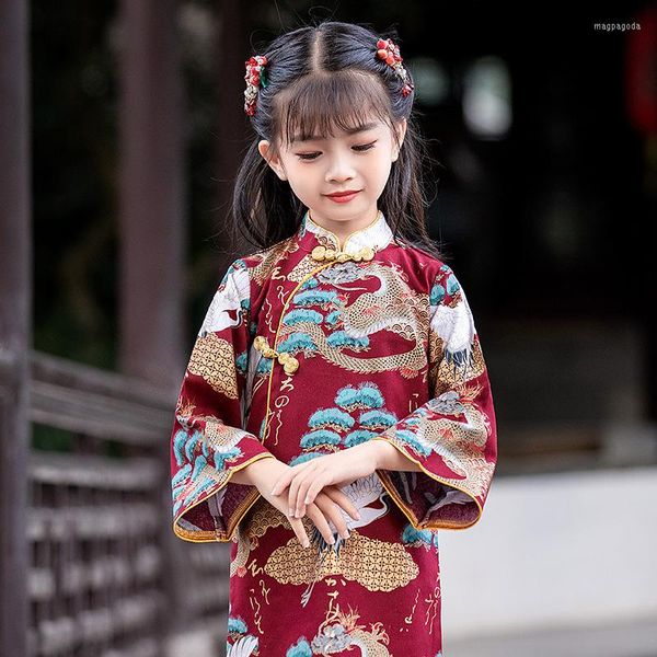 Ropa étnica para niños, otoño 2022, niñas, manga larga, estilo chino, Cheongsam, vestido de bebé, disfraz Tang, rendimiento Han