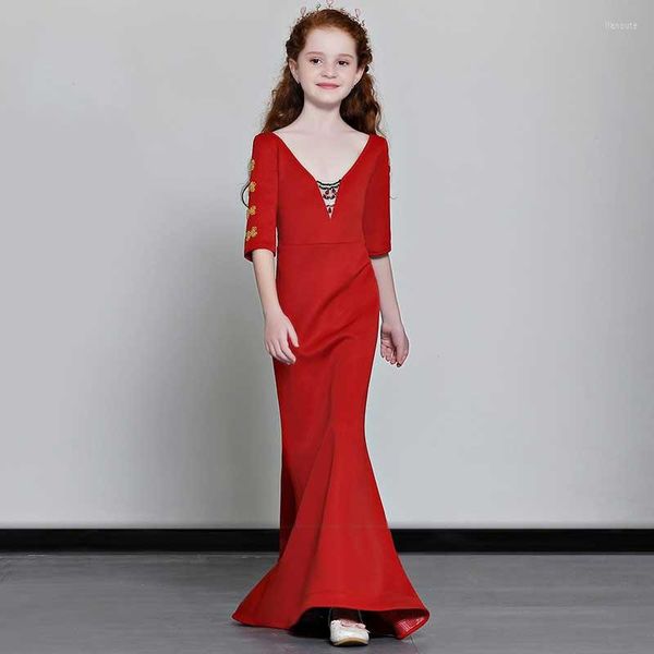 Vêtements Ethniques Enfants Année Chinoise Robe Halter Qipao Rouge Demi Manches Fille Oriental Robes De Mariée Spectacle De Piano Hôte Noble Robes De Soirée