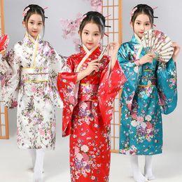 Etnische kledingkinderen Kimono Traditionele Japanse stijl Peacock Yukata -jurk voor meisjescosplay Japan Haori kostuum Aziatische kleding