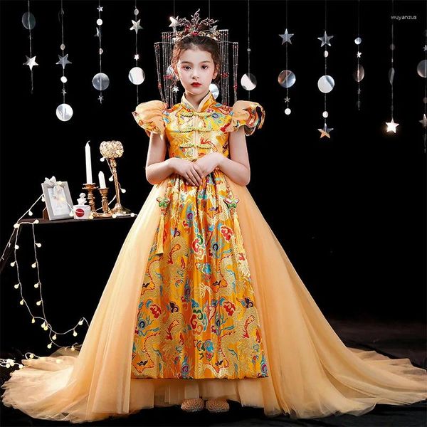 Vêtements ethniques Enfants Princesse Robe de soirée Qipao Enfants Robes de soirée orientales Mariage chinois Cheongsam Longue Robe de brocart d'or Guzheng