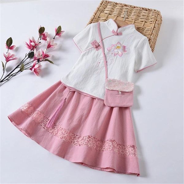Ropa étnica Cheongsam para niños Traje bordado Clase para niñas Uniforme Vestido de graduación Impresión Lindo Rosa Chino Qipao Niños