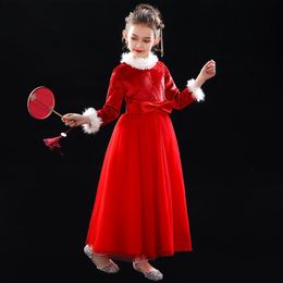 Etnische kleding Kinderjurk Prinses Long-mouwen Bont kraagmeisje Panse garen Chinese Rode Evening Piano Performance Clot
