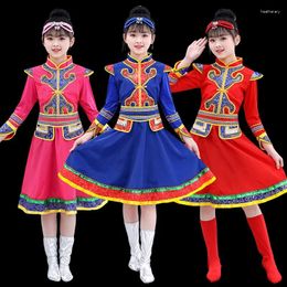 Ropa étnica Traje de baile mongol para niños Día Minoría Rendimiento Escenario Traje Falda de niña Túnica