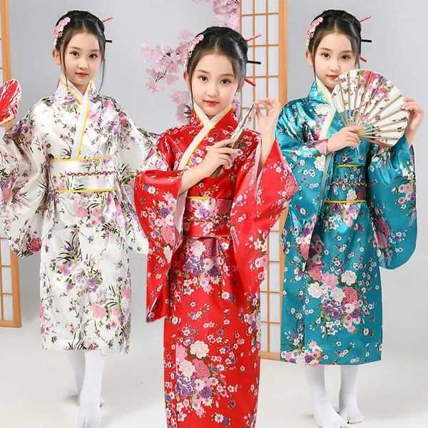 Vêtements ethniques Enfants Satin Soie Kimono Traditionnel Style Japonais Paon Yukata Robe Pour Fille Kid Cosplay Japon Haori Costume Asiatique