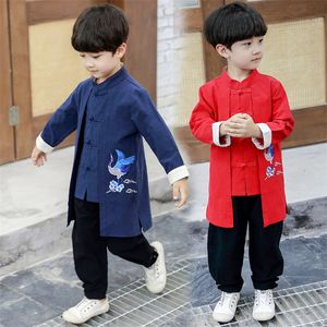 Etnische kleding kinderen jaar traditionele Chinese kostuums oosterse kinderen tops broek 2 -delige hanfu sets vintage kraan borduurwerk tang pak 230331