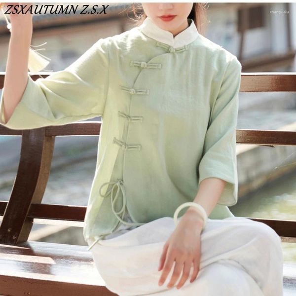 Ropa étnica China Mejorado Tang Traje Tradición China Mujeres Top Zen Art Vintage Elegante Blusa Femenina