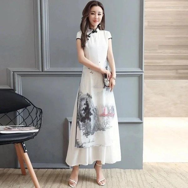 Ropa étnica China tradicional elegante mujeres blanco cheongsam vestidos robe orientale estilo chino vintage hanfu largo qipao tang traje