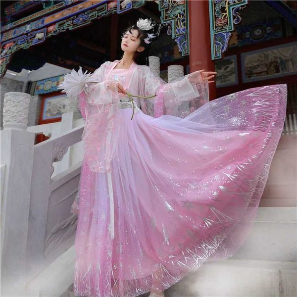 Vêtements ethniques chinois Ancient Hanfu Cosplay Tulle Mesh Womens Dance Robe Halloween Costumes China Style Clothing Fairy Hanfu Pink Blue White