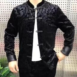 Vêtements ethniques Chinois Automne Hiver Tangsuits pour hommes Hanfu Style Bouton à la main Haut et pantalon Deux pièces Ensemble Vintage Manteau quotidien