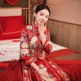 Vêtements ethniques Robe de mariée de mariée chinoise Peacock Plus Diamond 3/4 Sleeve Cheongsam Taille ES pour les femmes 4xl 5xl 6xl Qipao