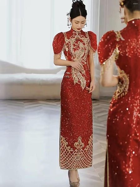 Vêtements ethniques Mariée chinoise Paillettes Perles Glands Robe de mariée Slim High Split Cheongsam Style Phoenix Broderie Mariage Ensemble