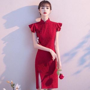 Etnische kleding Chinese bordeaux avondjurk qipao sexy slanke split cheongsam beroemdheid banket elegante klassieke vestidos de festa