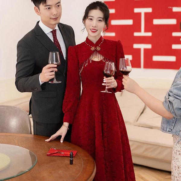 Vêtements ethniques chinois Cheongsam robe de mariée rouge Toast porte arrière soirée formelle Qipao dentelle fiançailles Tang costume 2023