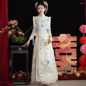 Etnische kleding Chinese kleding voor vrouwen witte reductie xiuhe bruid trouwjurk toostantekast tassel Pearl Tang pak
