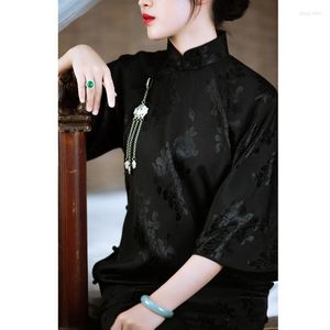 Vêtements ethniques Chinois Coton Lin Col Mandarin Art Robe Qipao Femmes Rétro Satin Noir Une Pièce Amélioré Cheongsam Casual Lâche