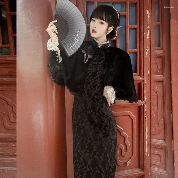 Vêtements ethniques Robe chinoise Hanfu Traditionnel Rétro Robe Chino Élégant Cheongsam Châle Qipao Deux pièces Blanc Noir Femmes Automne Long