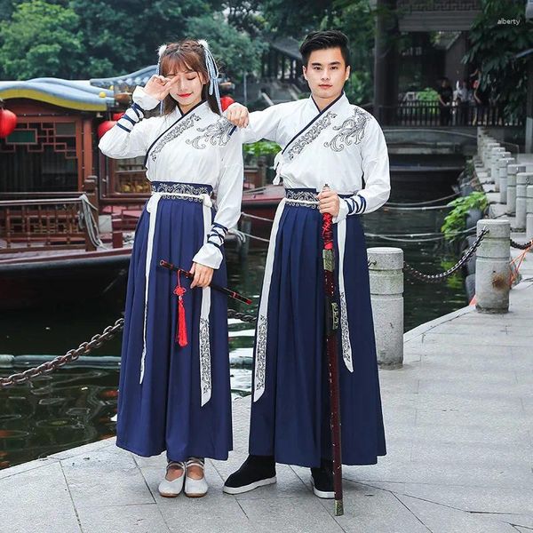 Ropa étnica vestido chino coreano hanfu blanco azul hombres mujeres vestidos estilo cosplay bordado kimono tradicional china