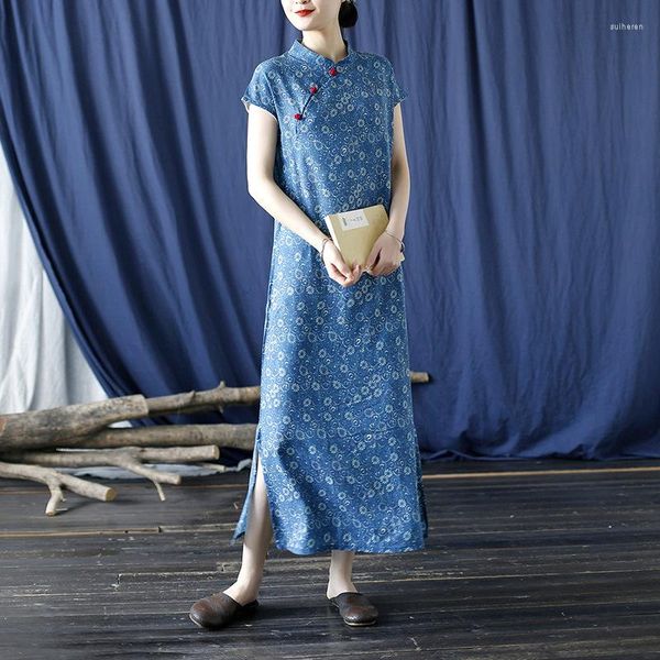 Vêtements ethniques Robe chinoise Qipao Style d'été Coton et impression numérique Femmes Plaque Bouton Jupe fendue