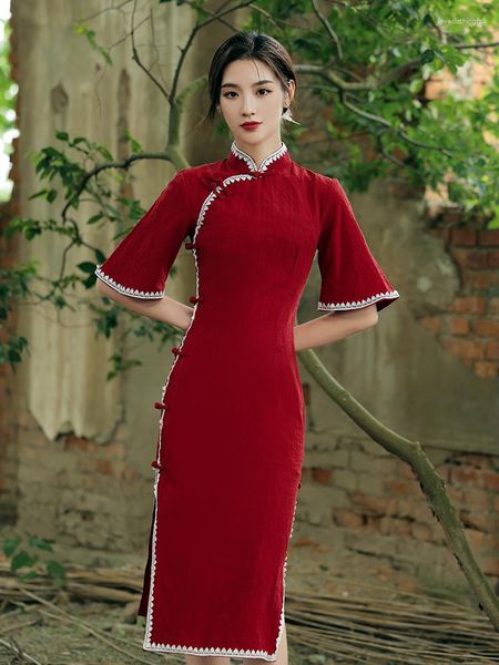 Vêtements ethniques Robe chinoise Robe rouge Mariage Qipao Robes de soirée Coton Cheongsam Année Cheongsams de fête Chine moderne